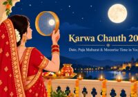 Woman in red saree looking at the moon through a chhalni on Karwa Chauth 2026