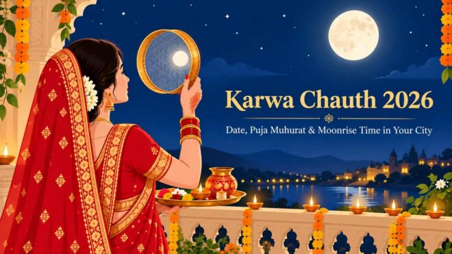 Woman in red saree looking at the moon through a chhalni on Karwa Chauth 2026