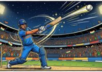 Cartoon of Indian batter hitting a six at night