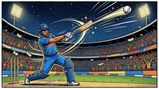 Cartoon of Indian batter hitting a six at night