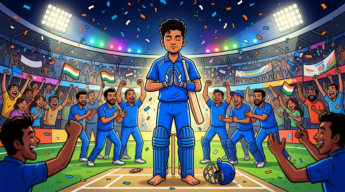 Cartoon of an Indian batter celebrating a century in a meditation pose
