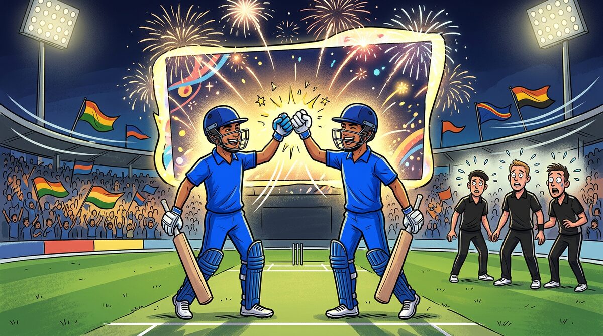 Cartoon of two Indian openers bumping gloves after a record powerplay