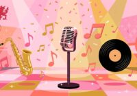 Retro pop banner with vintage microphone, saxophone and vinyl record for Jamie Miller Babydoll