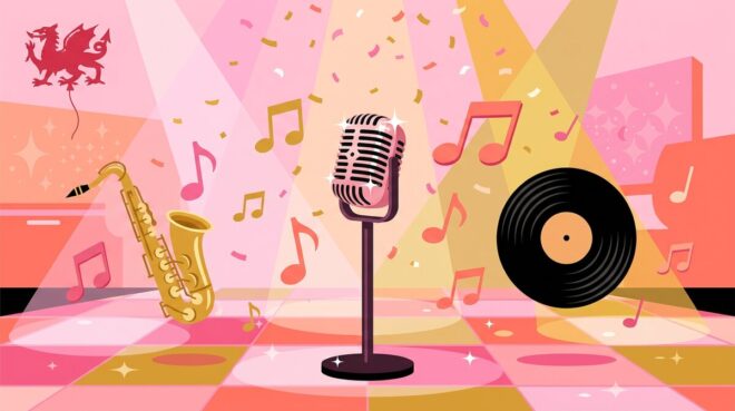 Retro pop banner with vintage microphone, saxophone and vinyl record for Jamie Miller Babydoll