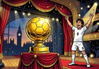 Cartoon of a golden football trophy on a London theatre stage