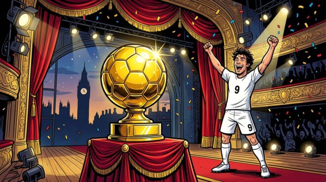 Cartoon of a golden football trophy on a London theatre stage