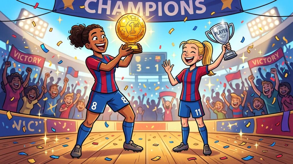 Cartoon of two footballers holding trophies on stage