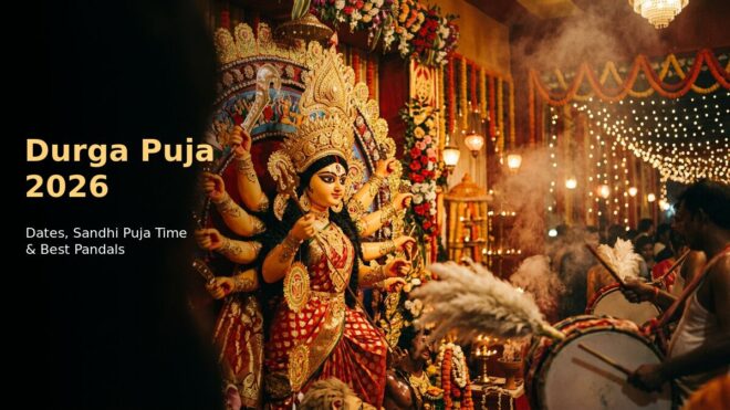 Durga Puja 2026 Maa Durga idol in a Kolkata pandal with dhaki drummers