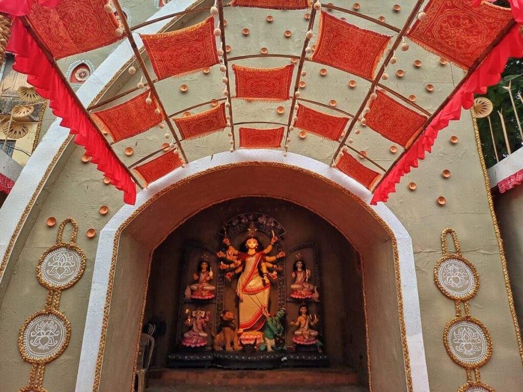 Durga Puja pandal entrance with Maa Durga idol