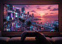 GTA 6 graphics neon coastal city at sunset