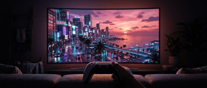GTA 6 graphics neon coastal city at sunset