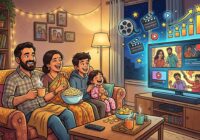 Cartoon of an Indian family binge-watching web series