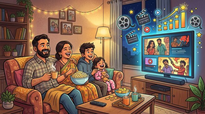 Cartoon of an Indian family binge-watching web series