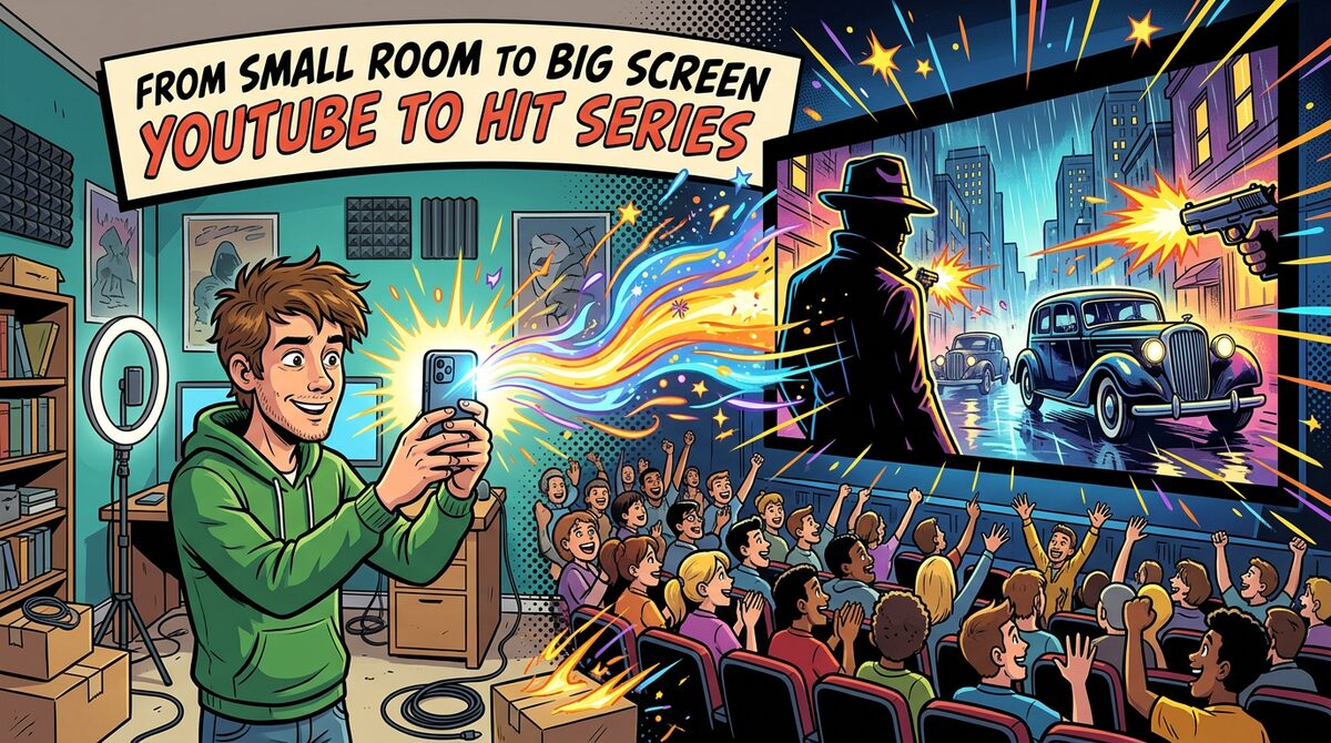 Cartoon of a creator's phone video turning into a big-screen hit