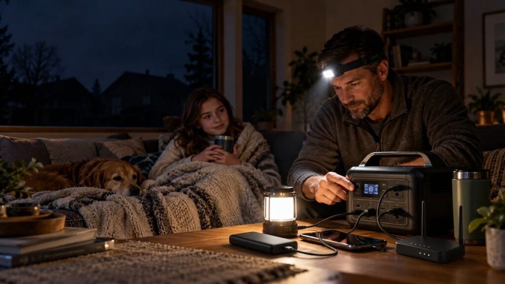 Portable power station charging a phone and router in a power outage