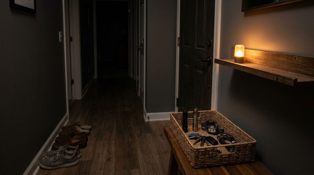 Battery night light and flashlights kept in one spot during a blackout