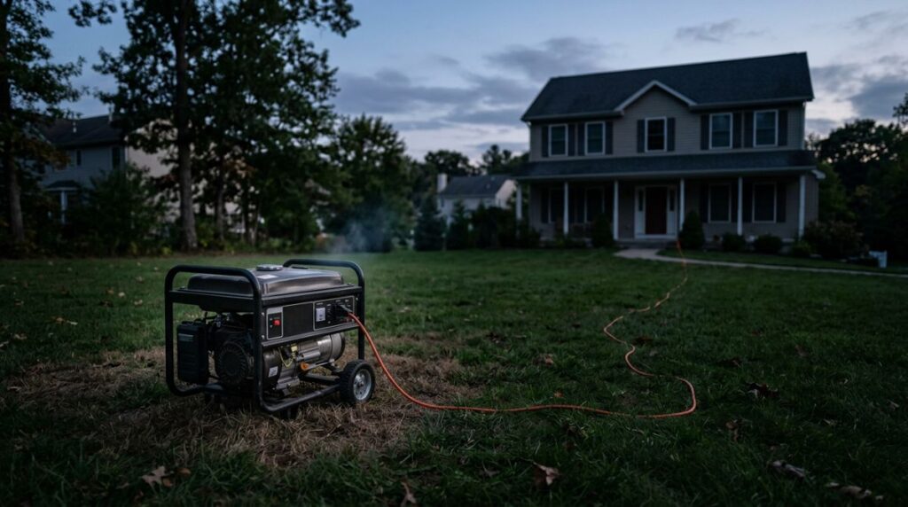 Portable generator running outdoors far from the house during a power outage
