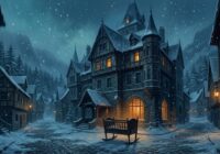 Snowy gothic European town at night with an empty cradle, What Happens at Night movie banner