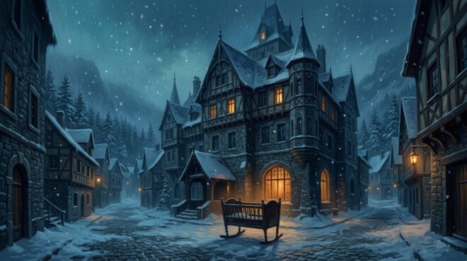 Snowy gothic European town at night with an empty cradle, What Happens at Night movie banner