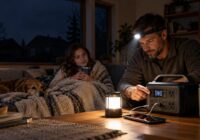 What to do in a power outage – family calmly using lanterns and battery lights during a blackout