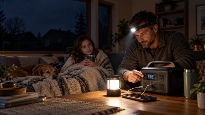 What to do in a power outage – family calmly using lanterns and battery lights during a blackout
